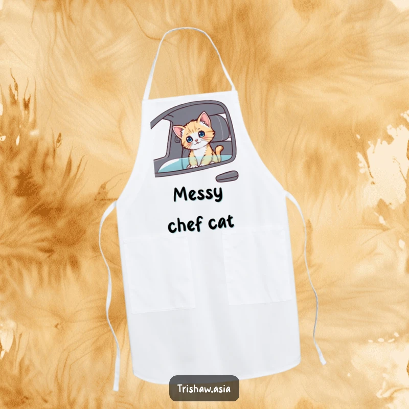 Funny Apron showing a playful kitten sitting in a passenger seat, looking around curiously, ready for kitchen duty with a smile.