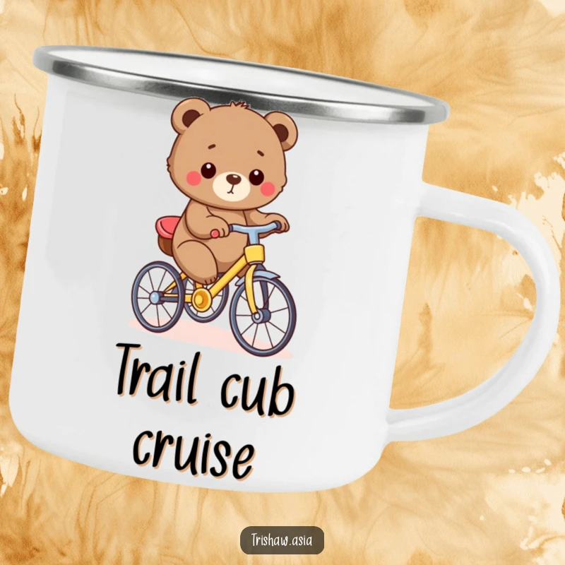 Funny Camping Mug featuring a small, round bear cub proudly pedaling a tiny, colorful trishaw, perfect for rugged adventures.