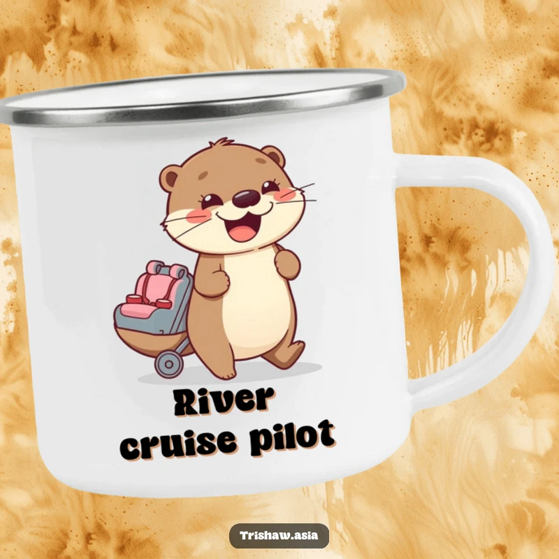Funny Camping Mug featuring a cheerful otter character enthusiastically pushing a small passenger seat, perfect for rugged adventures.
