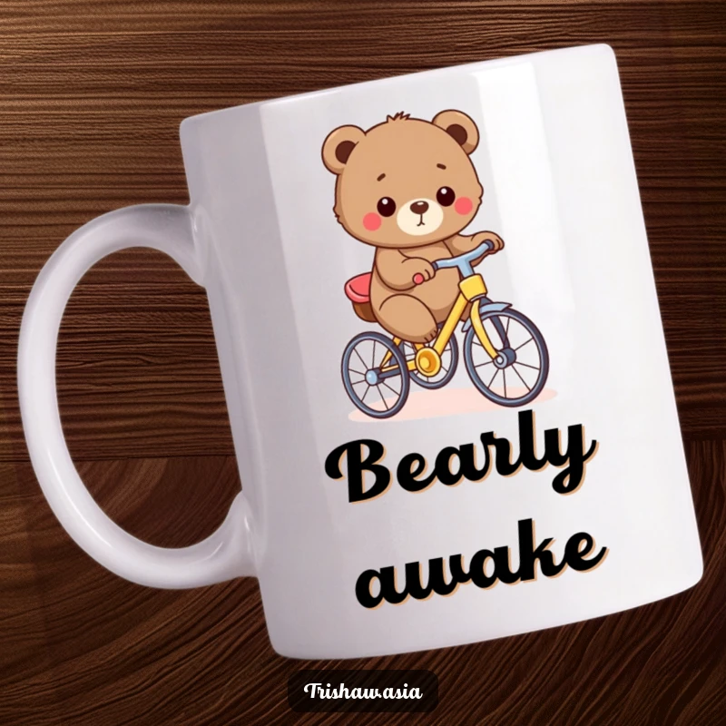 Funny Mug with a small, round bear cub proudly pedaling a tiny, colorful trishaw with determination and joy.