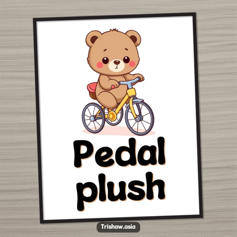 Funny Digital Art Print of a small, round bear cub proudly pedaling a tiny, colorful trishaw, radiating joy and adventure.