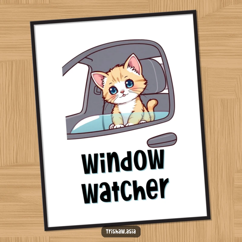 Funny Digital Art Print of a playful kitten sitting in a passenger seat, looking around curiously, radiating joy and wonder.