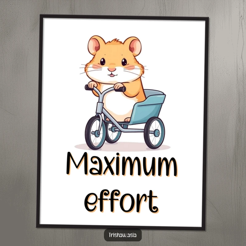 Funny digital art print of a tiny, determined hamster gripping trishaw handlebars, ready to add humor to any digital display or print.