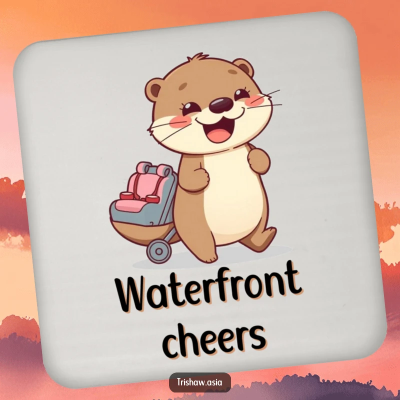 Funny Coasters featuring a cheerful otter character enthusiastically pushing a small passenger seat, protecting surfaces with adorable flair.