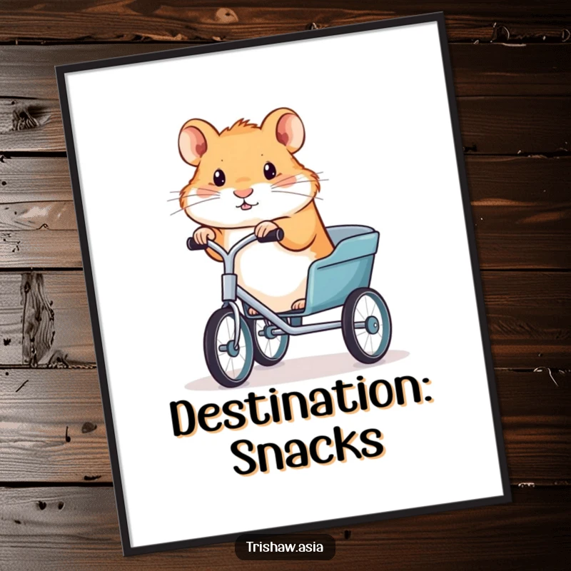 Funny poster print of a tiny, determined hamster steering a trishaw, adding a humorous and artistic touch to any wall.