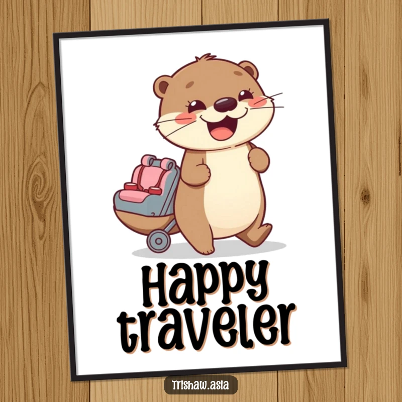 Funny Poster of a cheerful otter character enthusiastically pushing a small passenger seat, bringing joy and whimsy to decor.