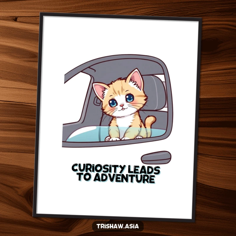 Funny Free Printable Wall Art: Playful kitten sitting in the passenger seat, looking around curiously, a charming and downloadable piece for any room.