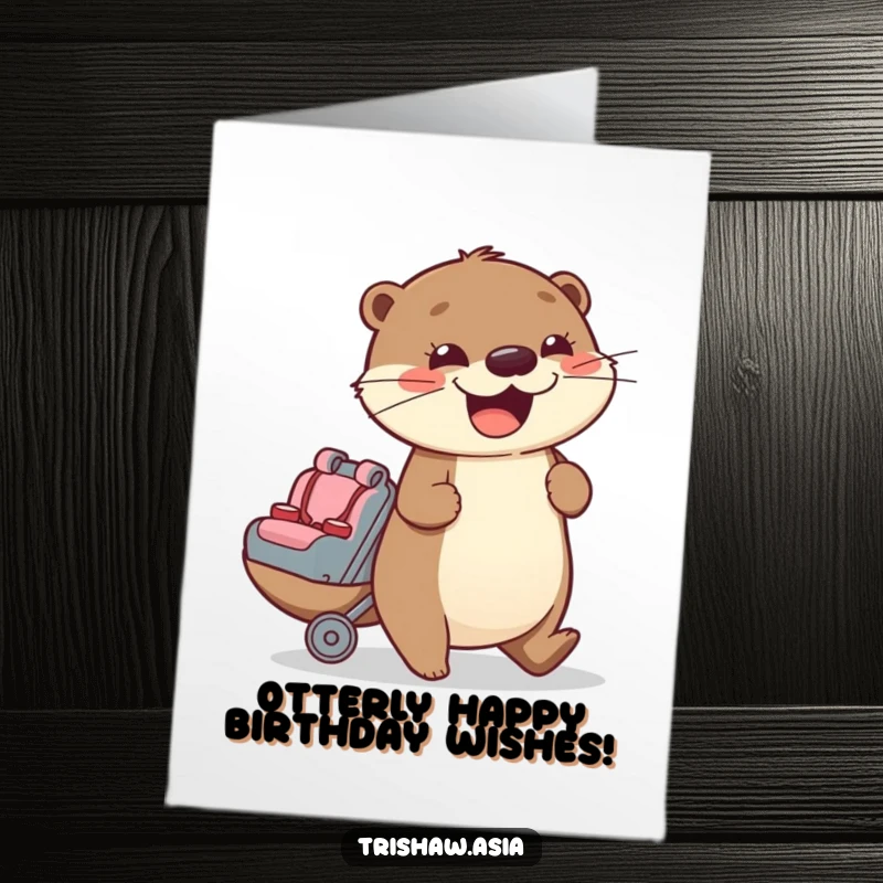 Funny Free Printable Birthday Card: Cheerful otter character pushing a passenger seat, ready for a birthday adventure, a downloadable delight.