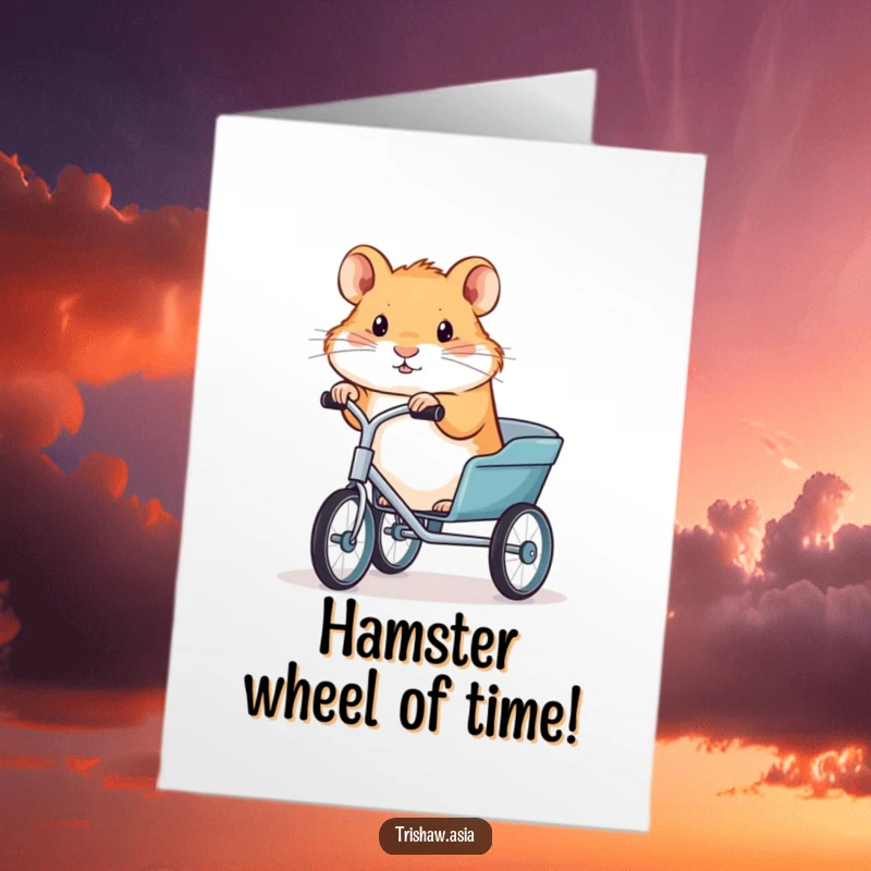 Funny Free Printable Birthday Card with a tiny hamster determinedly riding a trishaw, ready for a laugh.