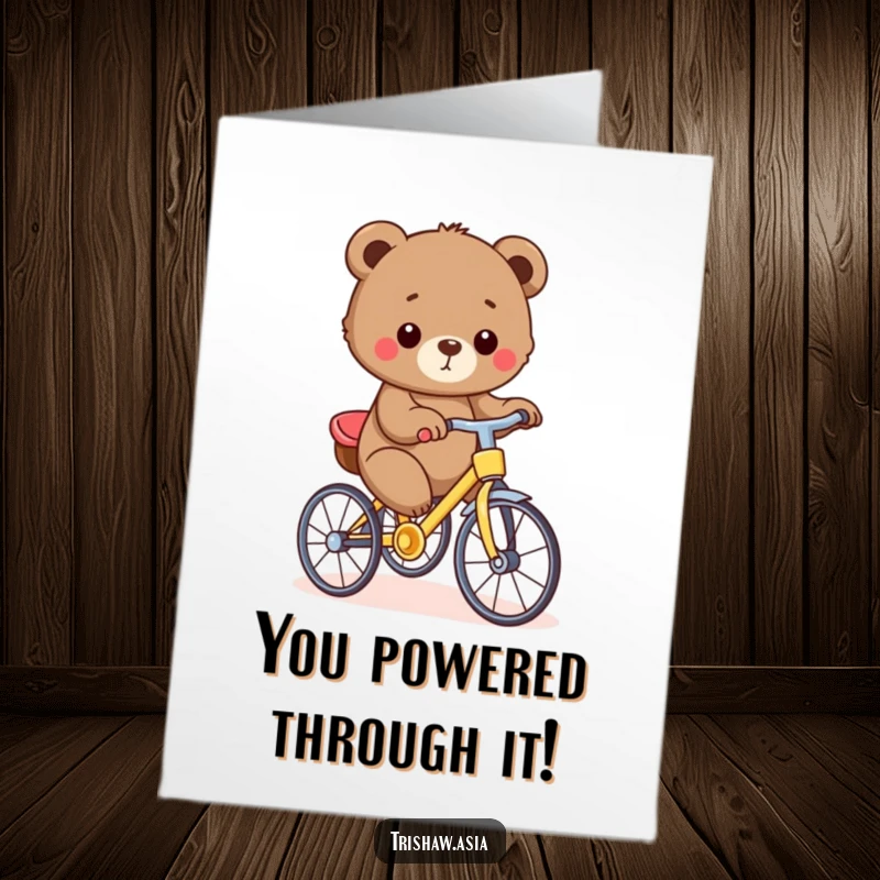 Funny Free Printable Congratulations Card: Joyful bear cub pedaling a trishaw, celebrating achievements with a downloadable, cheerful message.