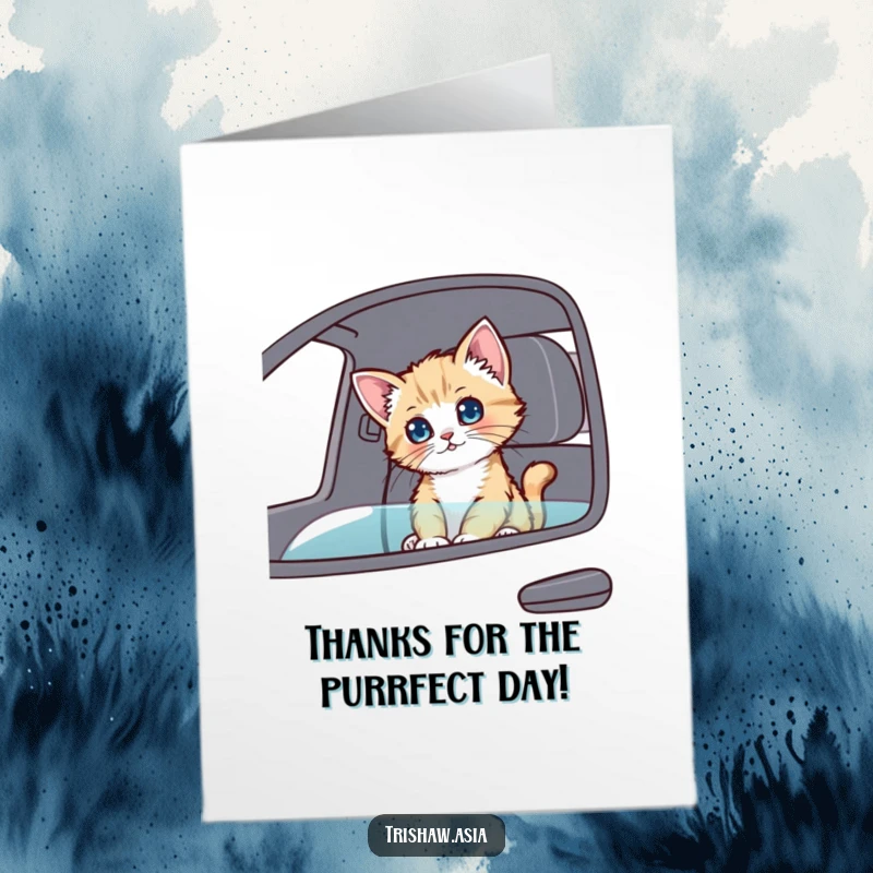 Funny Free Printable Thank You Card: Playful kitten looking curiously from a passenger seat, conveying thanks with a downloadable, cute message.