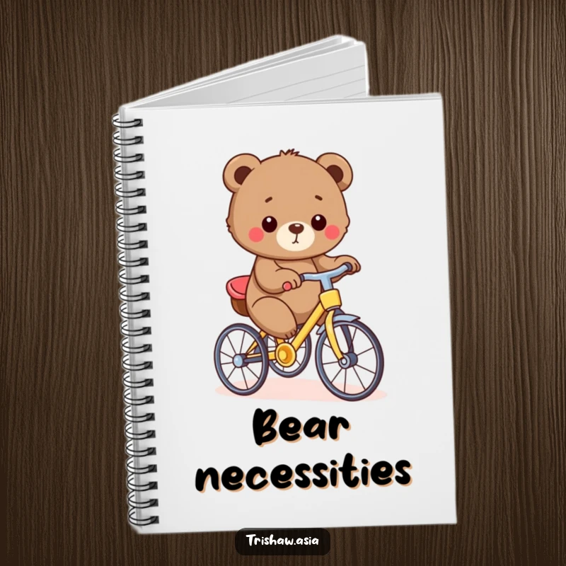 Funny Notebook with a small, round bear cub proudly pedaling a tiny, colorful trishaw, inspiring creative writing and planning.