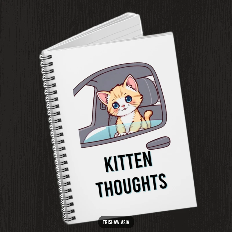 Funny Notebook with a playful kitten sitting in a passenger seat, looking around curiously, inspiring creative writing and planning.