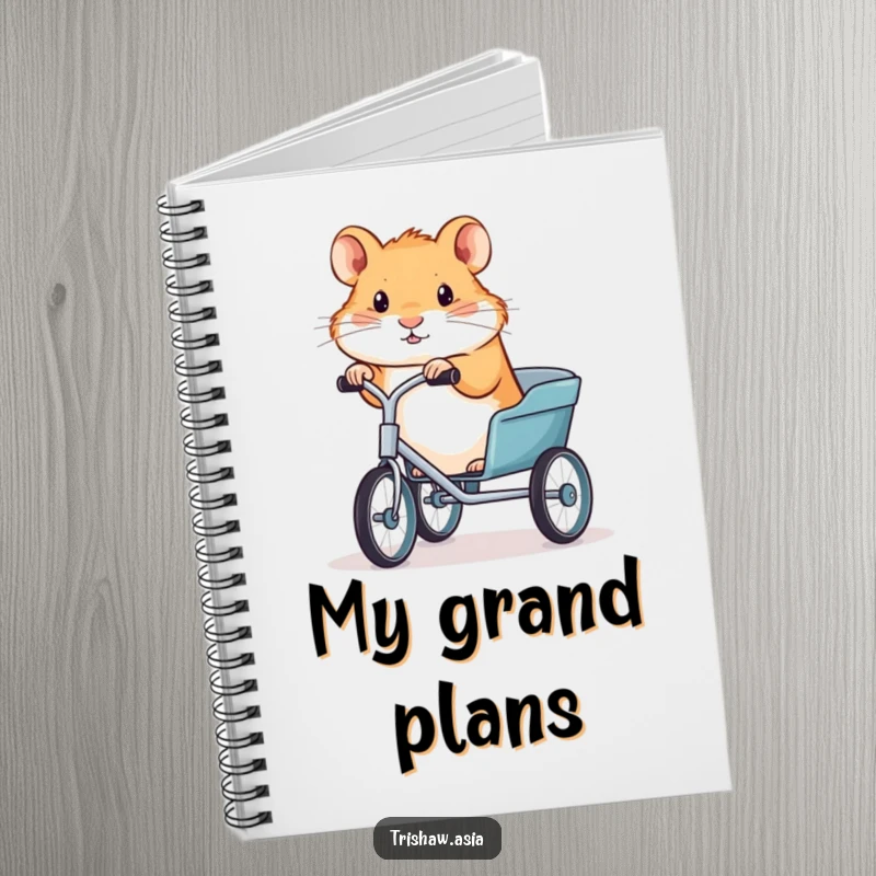 Funny notebook cover showcasing a determined tiny hamster on a trishaw, ready to inspire notes and creativity.