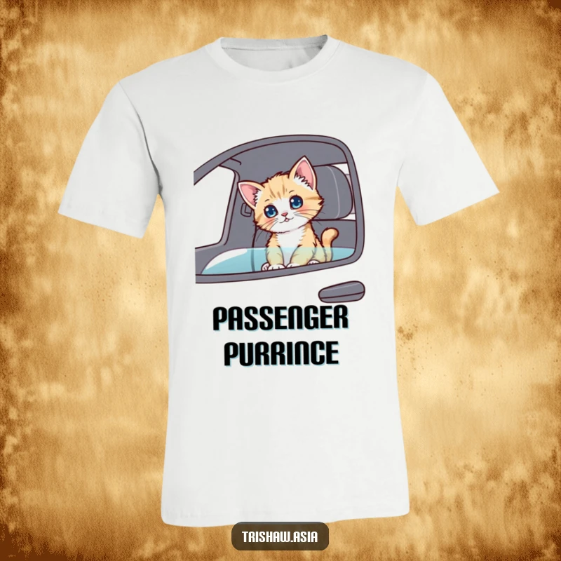 Funny T-Shirt featuring a playful kitten sitting in a passenger seat, looking around curiously, ready for exploration.