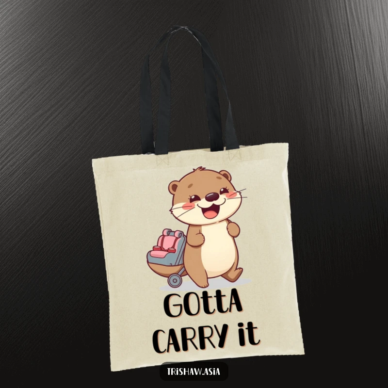 Funny Tote Bag featuring a cheerful otter character enthusiastically pushing a small passenger seat, perfect for carrying essentials.